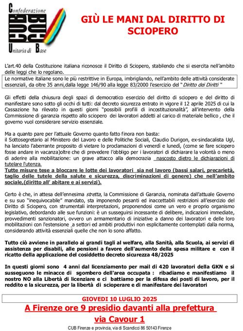 PRESIDIO: DIFENDIAMO IL DIRITTO DI SCIOPERO