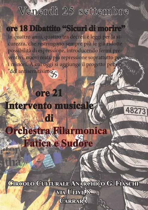 Dibattito “Sicuri di morire” e intervento musicale dell’Orchestra Filarmonica Fatica e Sudore. Carrara, venerdì 25 settembre 2026