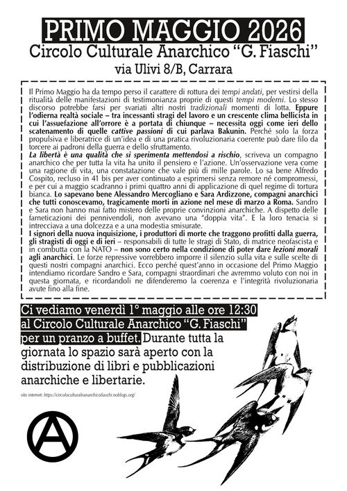 Primo Maggio 2026 al Circolo Culturale Anarchico “G. Fiaschi” (Carrara)