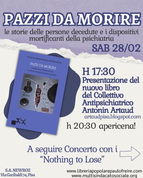 Presentazione del libro "PAZZI DA MORIRE- le storie delle persone decedute e i dispositivi mortificanti della psichiatria"  A cura di e con  Collettivo Antipsichiatrico Antonin Artaud 