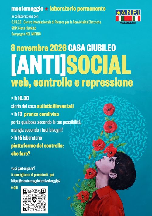 locandina dell'iniziativa [ANTI]SOCIAL – WEB, CONTROLLO E REPRESSIONE