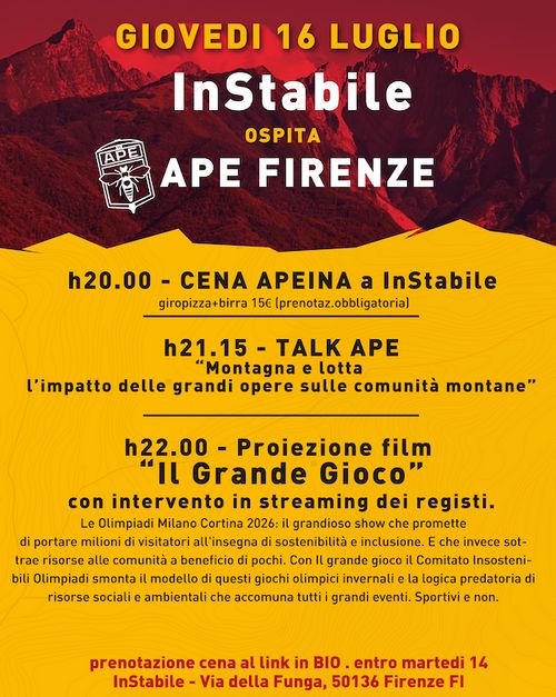 APE X InStabile , cena + proiezione "Il Grande Gioco" 