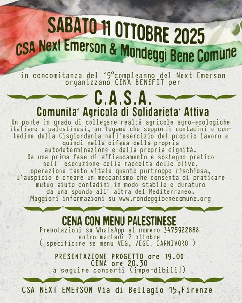 Cena benefit per C.A.S.A. Comunità Agricola di Solidarietà Attiva 